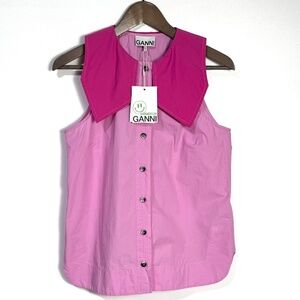 Ganni 100% Organic Cotton Poplin  Sleeveless Shirt Point Collar Pink Size 36 / 4